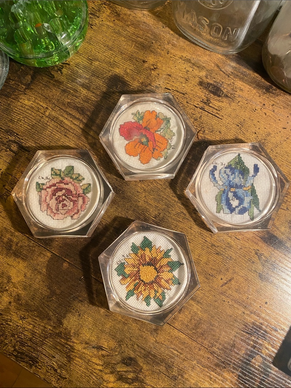 Set of 4 Floral Cross Stitch drink coasters